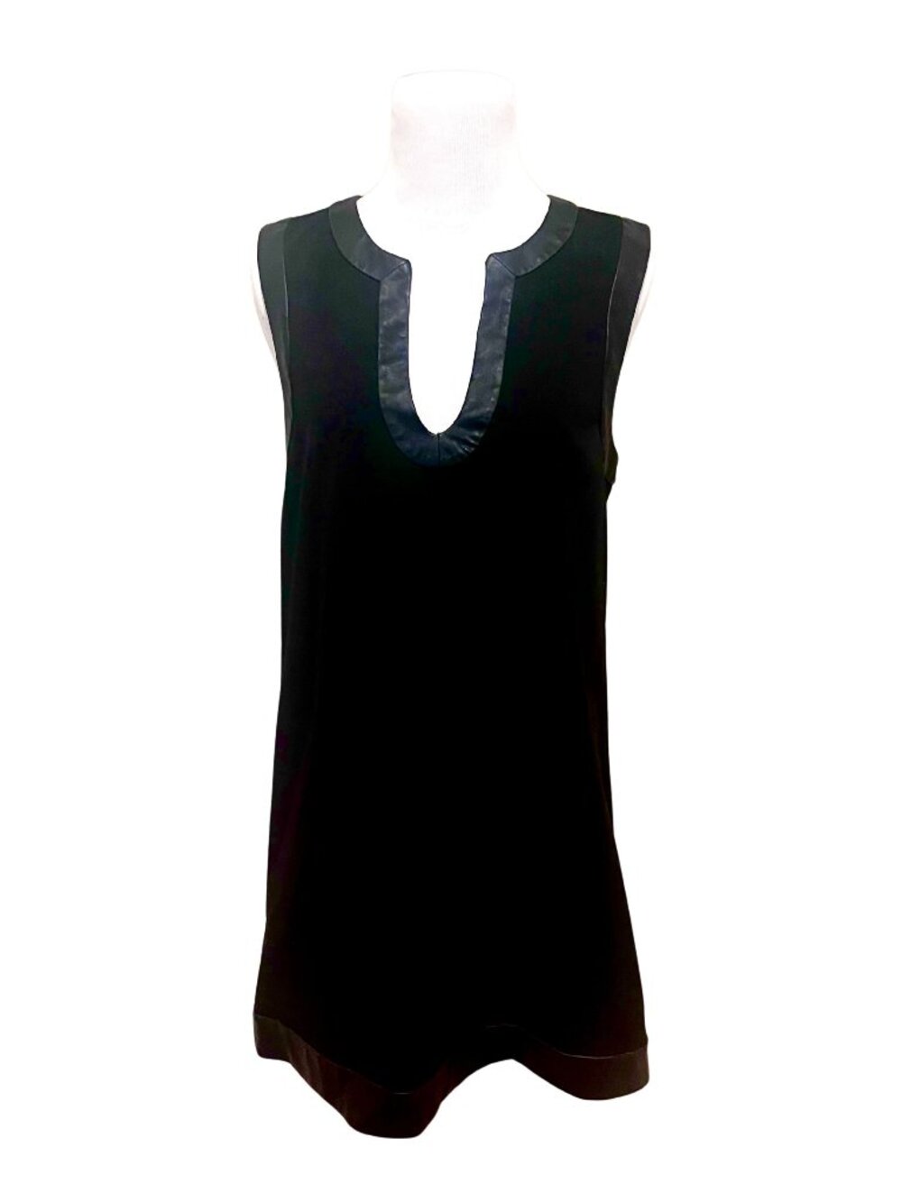 Black Knit Notched Sleeveless Shift Mini Dress with Faux Leather Trim